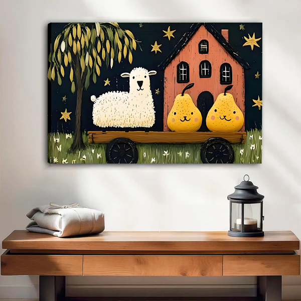 Unframed gallery-wrap sheep and pears wagon canvas wall art hanging above a wooden console and candle lantern