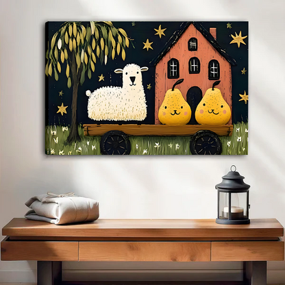 Unframed gallery-wrap sheep and pears wagon canvas wall art hanging above a wooden console and candle lantern