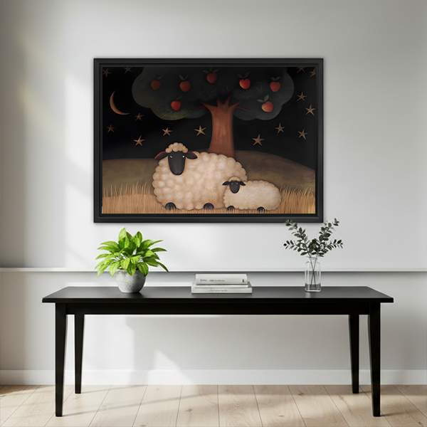 Gallery-wrap sheep and apple tree canvas wall art above a wooden console with flowers, a black vase, and books.