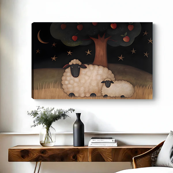 Folk art sheep and apple tree canvas wall art in a black frame above a bed with white pillows.