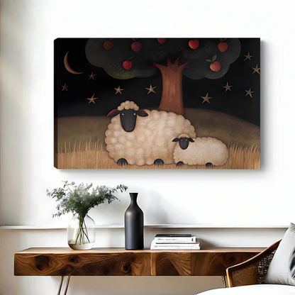 Folk art sheep and apple tree canvas wall art in a black frame above a bed with white pillows.