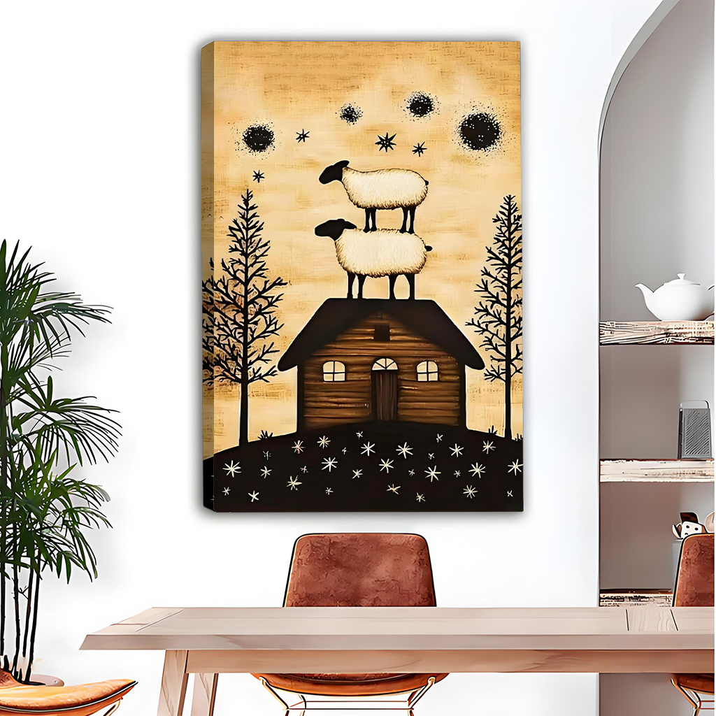 Sheep cabin canvas wall art showing two sheep beneath stars above a dining table