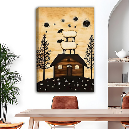 Sheep cabin canvas wall art showing two sheep beneath stars above a dining table