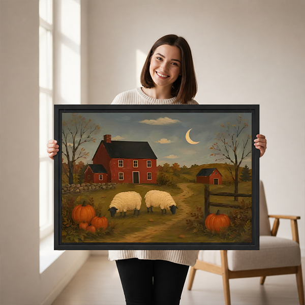 Framed sheep farm canvas wall art with two grazing sheep hangs above a white bedroom bed.