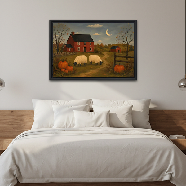 Framed sheep farm canvas wall art with autumn pumpkins and red farmhouse hangs above a cream sofa.