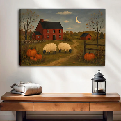 Gallery-wrap sheep farm canvas wall art shows grazing sheep and pumpkins above a console and lantern.