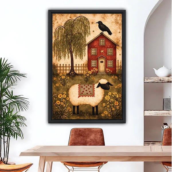 Black-framed sheep red farmhouse canvas wall art in a bright dining room