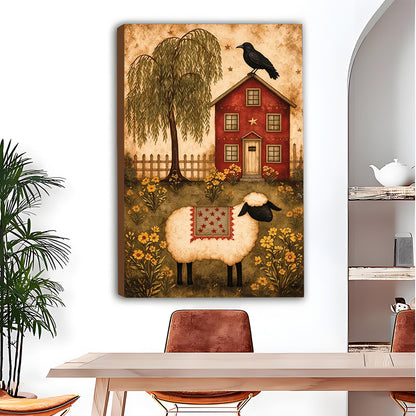 Gallery-wrap sheep red farmhouse canvas wall art above a dining table