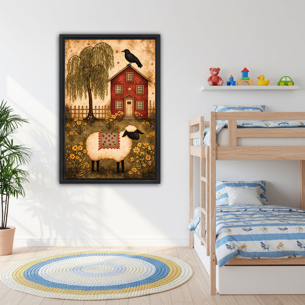 Framed sheep red farmhouse canvas wall art beside bunk beds in a kids’ bedroom