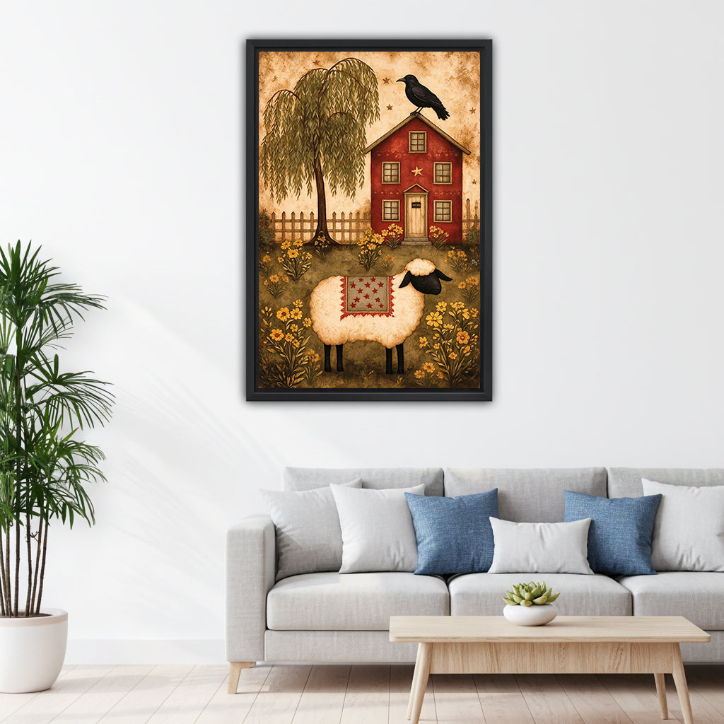 Primitive folk art sheep farmhouse canvas wall art above a gray living room sofa