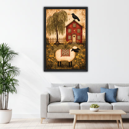 Primitive folk art sheep farmhouse canvas wall art above a gray living room sofa