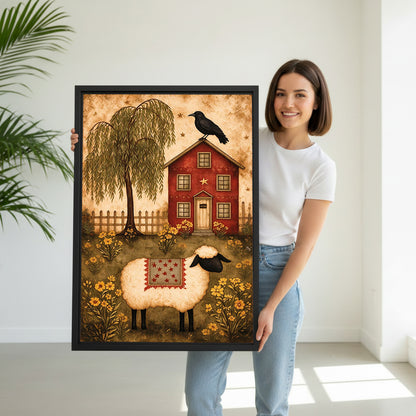 Model holding sheep red farmhouse canvas wall art for size reference
