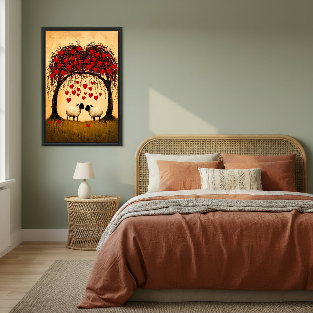 Framed sheep couple heart tree canvas wall art in a sage green bedroom