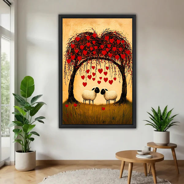 Black-framed sheep couple heart tree canvas wall art on a white wall beside plants