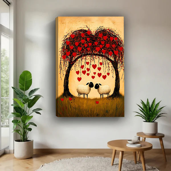Gallery-wrap sheep couple heart tree canvas wall art in a bright plant-filled corner