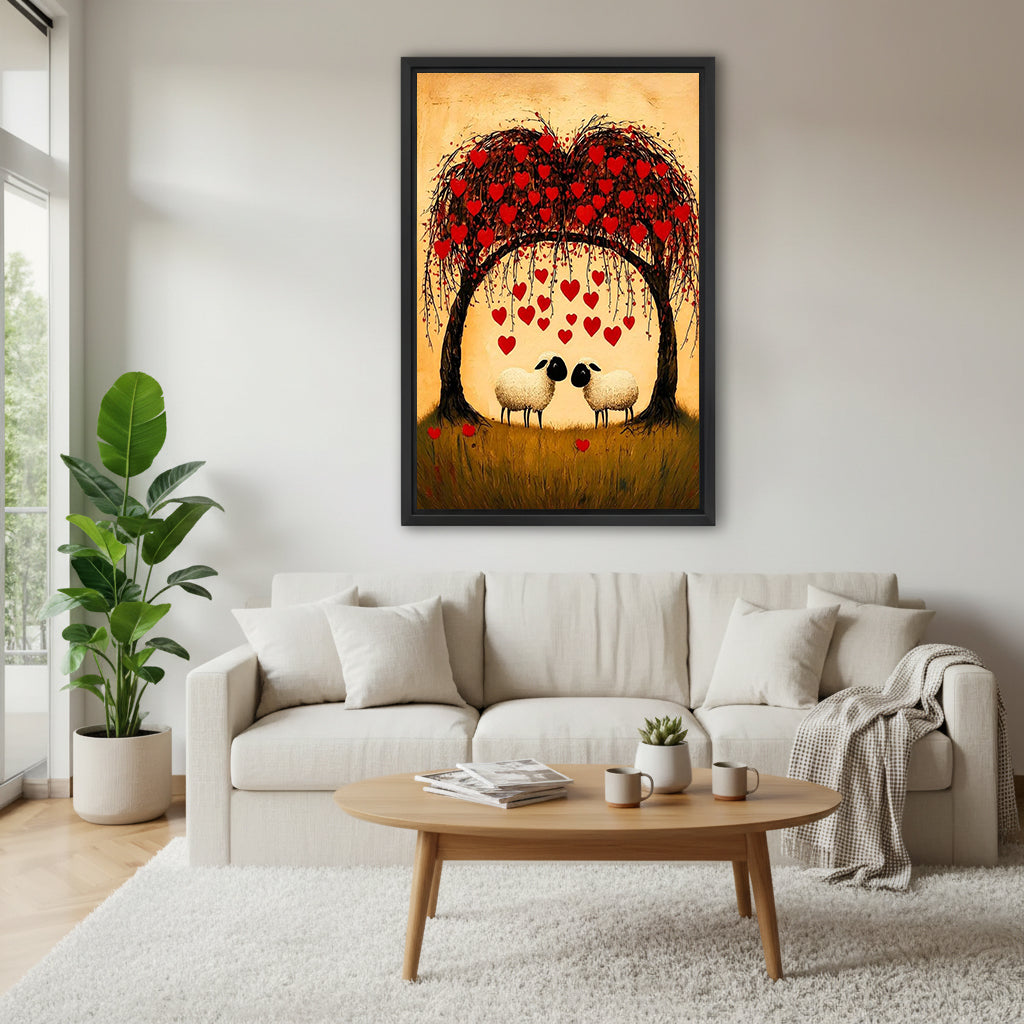 Sheep couple heart tree canvas wall art above a cream living room sofa
