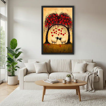 Sheep couple heart tree canvas wall art above a cream living room sofa