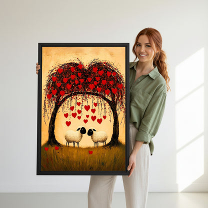 Model holding sheep couple heart tree canvas wall art for size reference