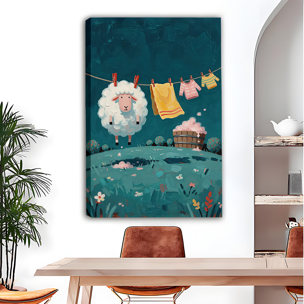 Whimsical Sheep Laundry Canvas Wall Art | Framed & Unframed l5112