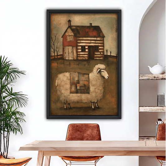 Black-framed sheep and log cabin canvas wall art above a wooden dining table