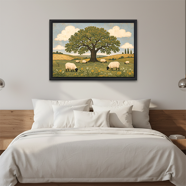 Framed sheep meadow canvas wall art with olive greens and cream clouds above a wooden console with a lantern.
