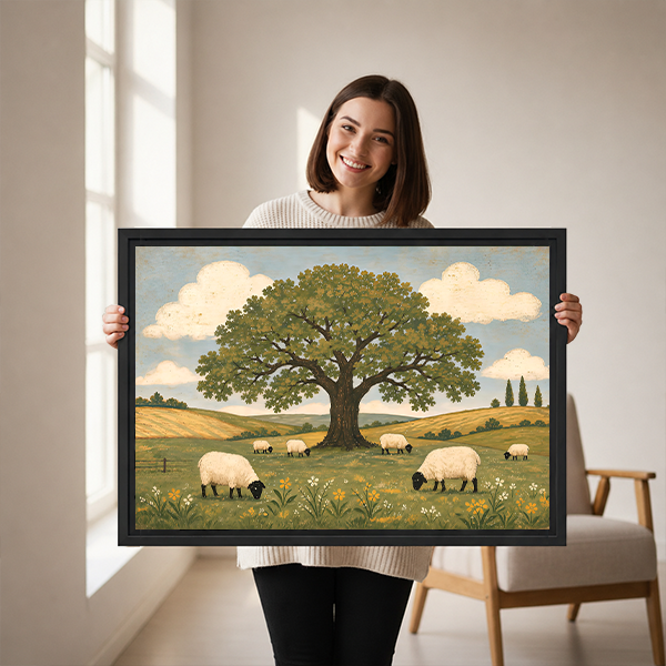 Rustic sheep meadow canvas wall art in a black frame displayed above white bedding and a wooden headboard.