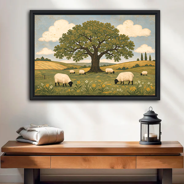 Black-framed sheep meadow canvas wall art featuring a broad leafy tree and grazing sheep above a cream sofa.