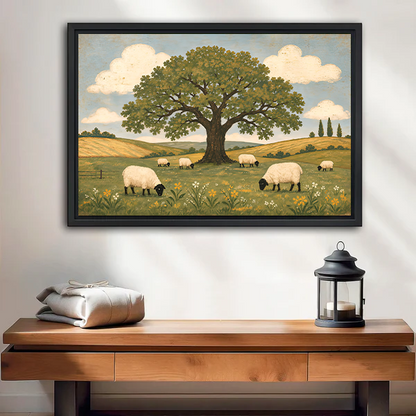 Black-framed sheep meadow canvas wall art featuring a broad leafy tree and grazing sheep above a cream sofa.