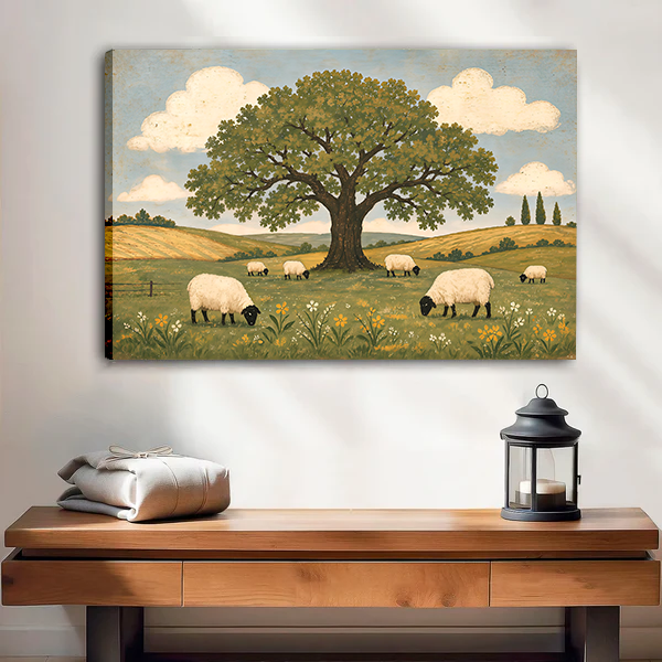 Unframed sheep meadow canvas wall art with wildflowers, golden fields, and a leafy tree above a wooden console.