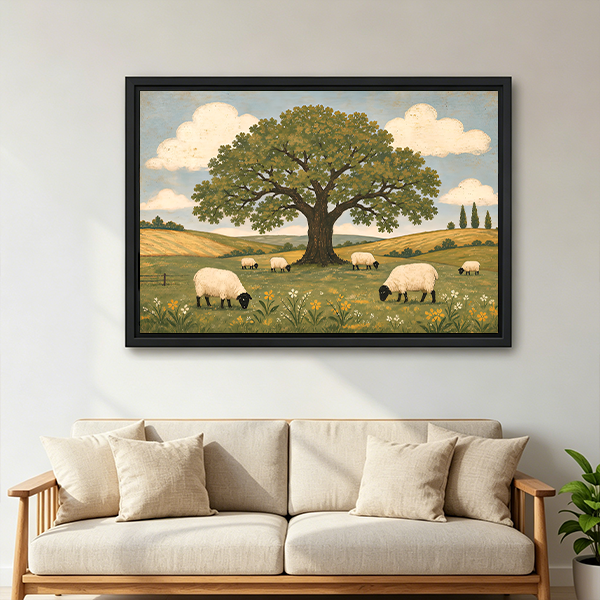 Woman holding black-framed sheep meadow canvas wall art showing six grazing sheep beneath a large tree.