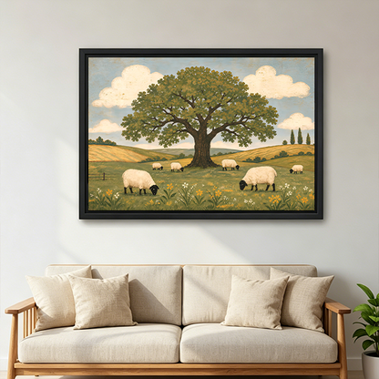 Woman holding black-framed sheep meadow canvas wall art showing six grazing sheep beneath a large tree.