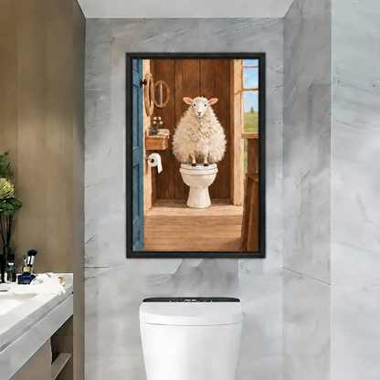 Black framed sheep on toilet canvas wall art on a grey marble wall above a modern toilet