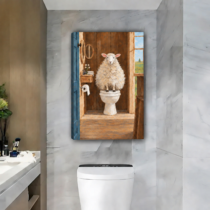 Unframed gallery-wrap sheep on toilet canvas wall art with wrapped edges on a marble wall