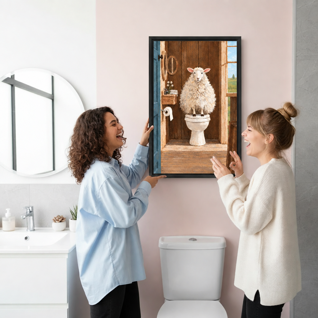 Two women laughing as they hang sheep on toilet canvas wall art in a pink bathroom