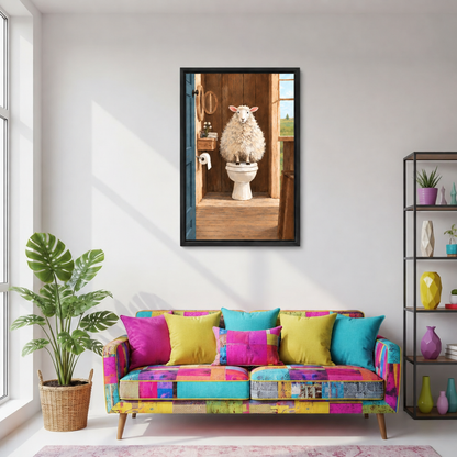 Framed sheep on toilet canvas wall art above a colorful patchwork sofa in a sunny living room