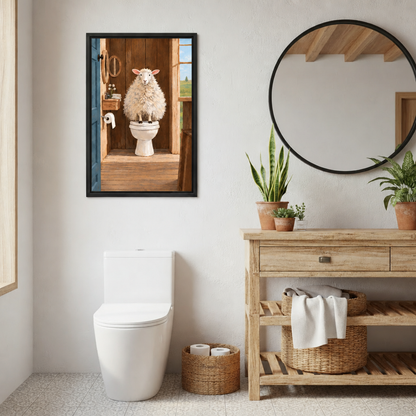 Sheep on toilet canvas wall art beside a round mirror, wooden vanity and woven towel baskets