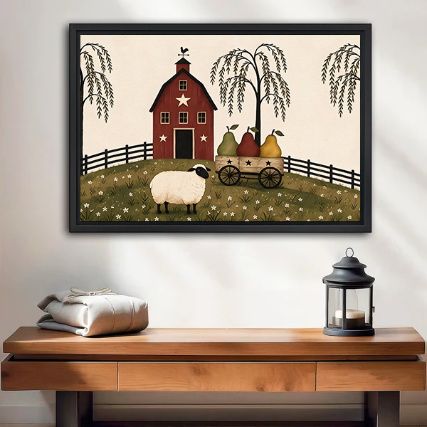 Primitive folk art sheep and red barn canvas wall art in a black frame above a cream sofa.