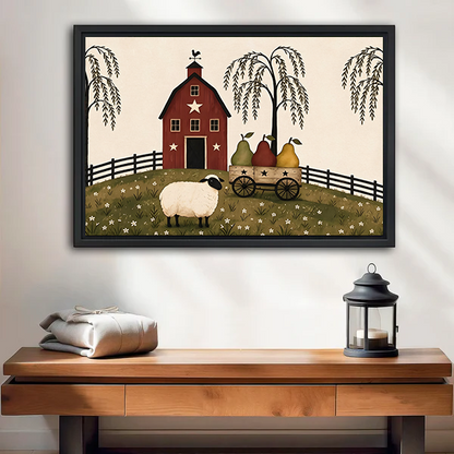 Primitive folk art sheep and red barn canvas wall art in a black frame above a cream sofa.