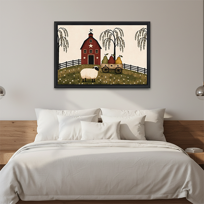 Gallery-wrap sheep and red barn canvas wall art in a primitive folk style, displayed above a wooden console.
