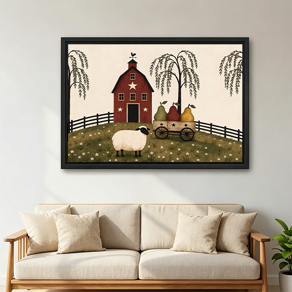 Woman holding framed sheep and red barn canvas wall art featuring willow trees, a pear wagon, and flowered pasture.