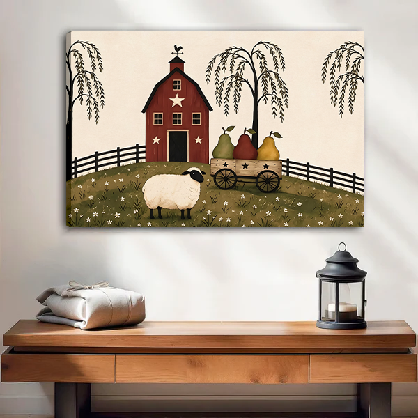 Framed sheep and red barn canvas wall art with a pear wagon above a bed with white bedding.