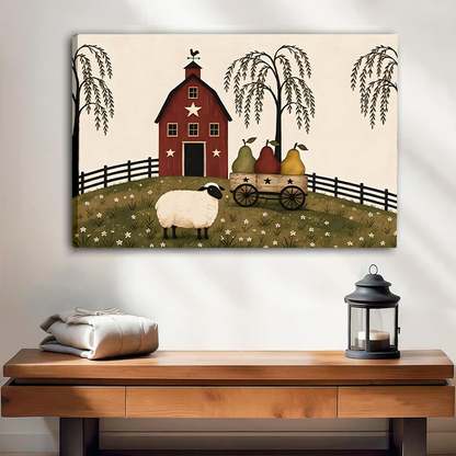Framed sheep and red barn canvas wall art with a pear wagon above a bed with white bedding.