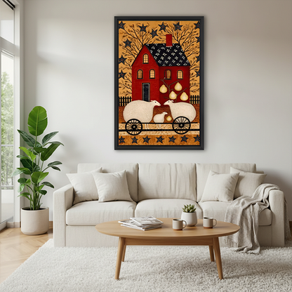 Black-framed sheep and red farmhouse canvas wall art with folk-art stars displayed between potted plants.