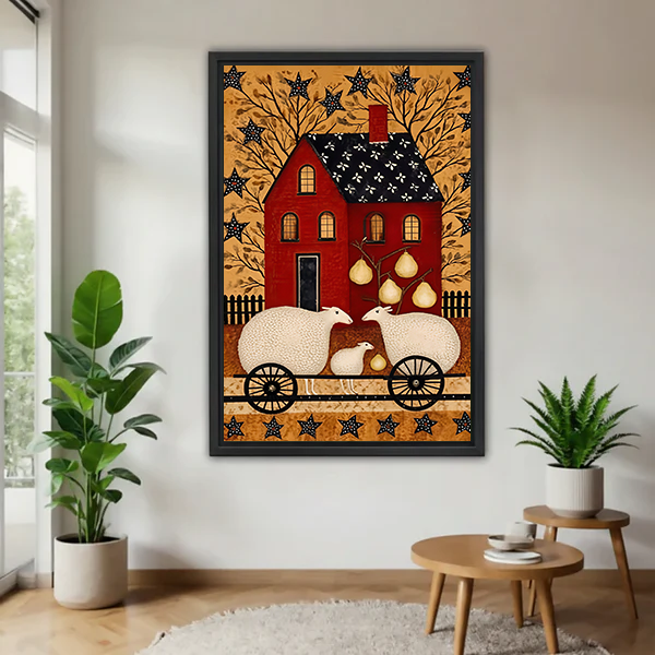 Gallery-wrap sheep and red farmhouse canvas wall art with pears and black stars displayed between green plants.