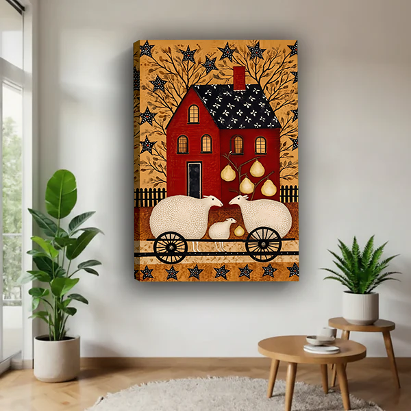 Woman holding black-framed sheep and red farmhouse canvas wall art with golden pears and patterned stars.