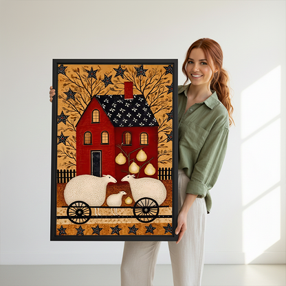 Framed sheep and red farmhouse canvas wall art on a sage bedroom wall beside a rattan bed.