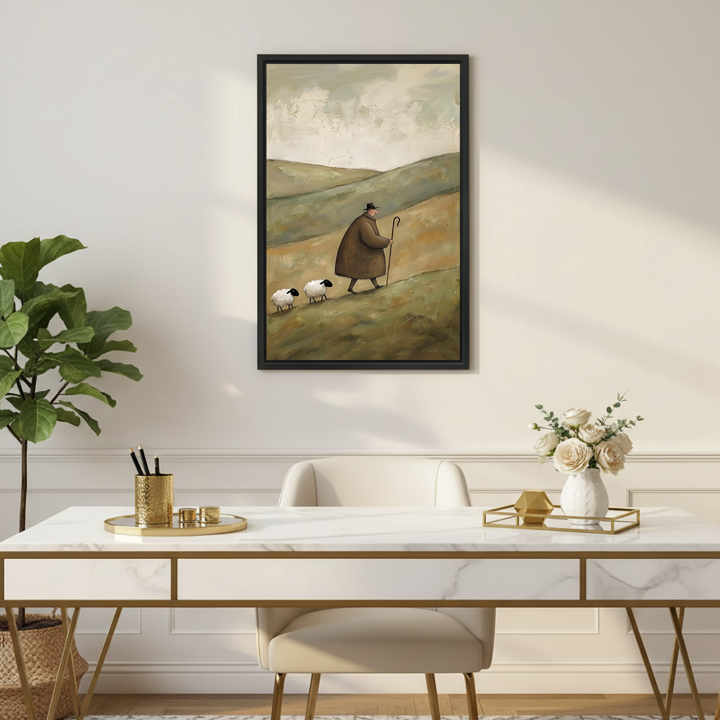 Rustic shepherd and sheep canvas wall art in a black frame above a white and gold home office desk.