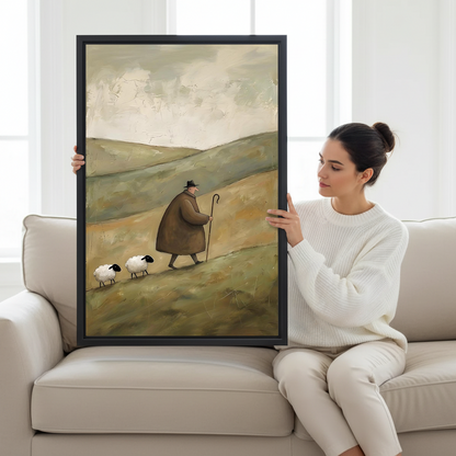 Shepherd and sheep canvas wall art in muted earthy tones, black-framed above a light sofa and wooden coffee table.