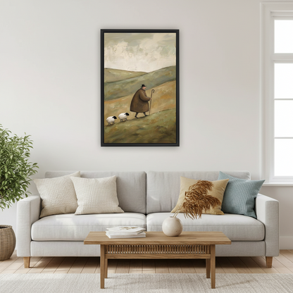 Unframed shepherd and sheep canvas wall art showing a brown-coated shepherd and two sheep, displayed beside a bed.