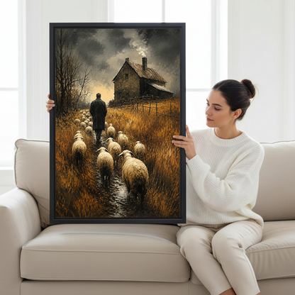 Woman holding large dark pastoral shepherd and sheep framed canvas wall art beside cream sofa to show print size